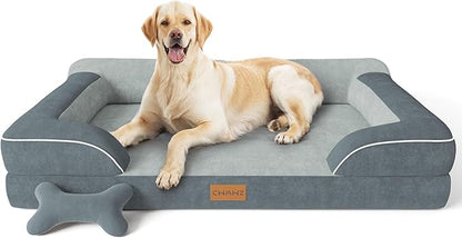 Jumbo Orthopedic Dog Bed for Extra Large Dogs With Cooling Gel Memory Foam, Waterproof Removable Washable Cover, 45" Sofa Couch Dutch Velvet With Bone Toy, Dark Gray