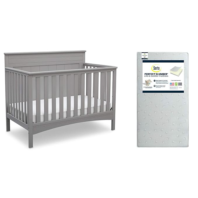 Delta Children Fancy 4-in-1 Crib, Grey + Serta Perfect Slumber Dual Sided Recycled Fiber Core Crib and Toddler Mattress (Bundle)
