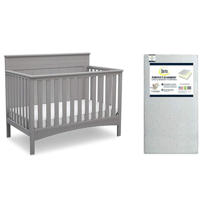 Delta Children Fancy 4-in-1 Crib, Grey + Serta Perfect Slumber Dual Sided Recycled Fiber Core Crib and Toddler Mattress (Bundle)
