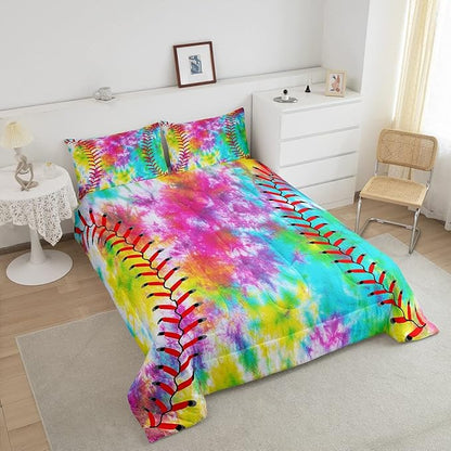 Feelyou Kids Baseball Comforter Boys Girls Softball Sports Game Comforter Set Girly Colorful Tie Dye Bedding Set Teens Men Baseball Gaming Quilt Set Rainbow Room Decor King Size for All Season 3Pcs