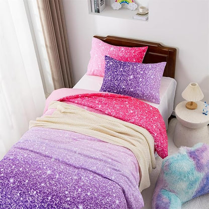 Holawakaka Kids Space Star Glitter Comforter Set Ombre Pink Purple Print Ombre Bedding Set Twin/Twin XL Size Girls Gradient Galaxy Dorm Bed Sets (Pink Purple,Twin)