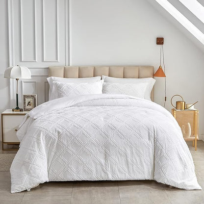 7 Pieces Tufted Bed in a Bag King Comforter Set with Sheets White, Soft and Embroidery Shabby Chic Boho Bohemian, Luxury Solid Color with Diamond Pattern, Jacquard Tufts Bedding Set for All Season