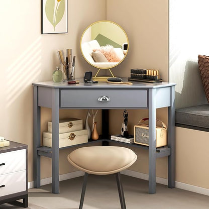 Nightcore Small, Wood Computer Desk, Compact Writing w/Drawer & Storage Shelves, Space Saving Study Workstation, Laptop PC Corner Table, Grey