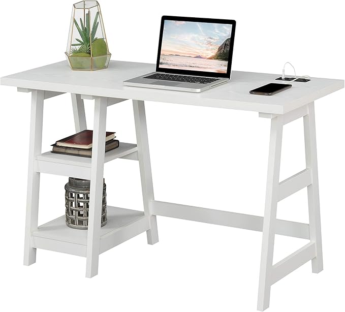 Convenience Concepts Designs2Go Trestle Desk with Charging Station and Shelves, White