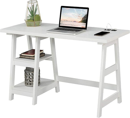 Convenience Concepts Designs2Go Trestle Desk with Charging Station and Shelves, White