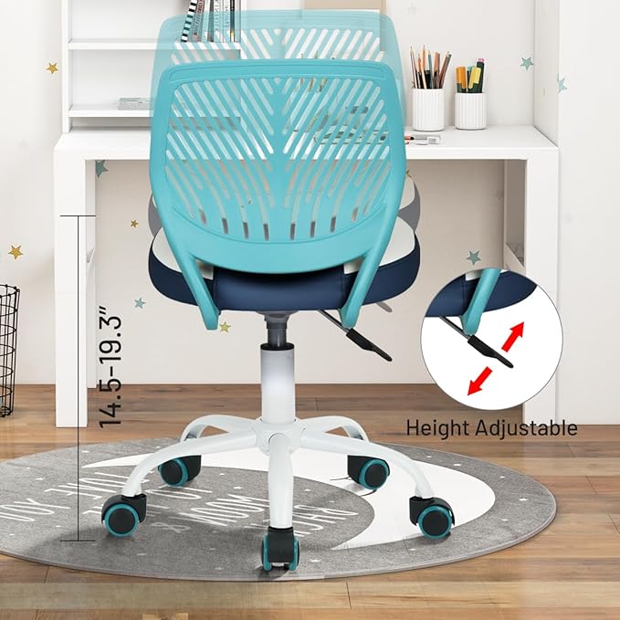 Desk Chair Small Study Chairs Armless for Children Kids Teens, Swivel Rolling Lightweight Task Chair with Wheels and Pu Leather Padded Cushion, Green/Navy