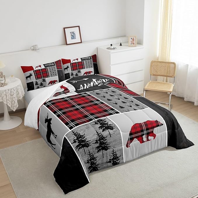 Deer Antlers Bear Kids Comforter Set King Size,Plaids Boho Arrows Patchwork Bedding Set for Boys Girls Adults Room Decor,Rustic Adventure Xmas Down Comforter,Red Retro Duvet Insert,2 Pillowcases