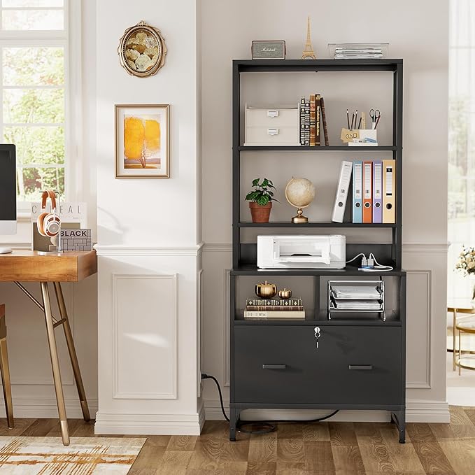Homieasy File Cabinet with Charging Station, Vertical Filing Cabinet with Lock & Large Drawer, Printer Stand with Storage Shelves, Office Storage Cabinet fits Letter/A4/Legal Size, Black