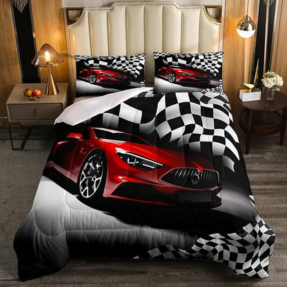 Erosebridal Race Car Bedding Set for Boys Full Bed,Kids Teen Extreme Sports Car Comforter Set,Black White Checkered Grid Bed Comforter Set Retro Red Cool Vehicle Automobile Quilt Duvet 2 Pillow Cases