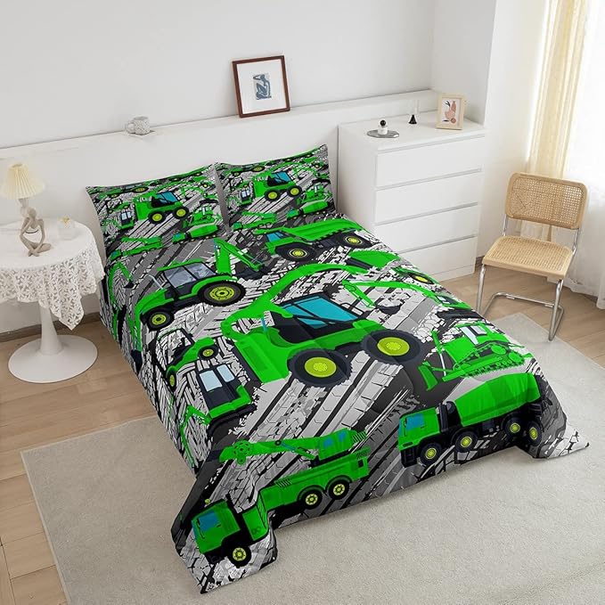 Excavator Down Comforter, Kids Boys Cartoon Car Comforter Set Twin, Children Tractor Truck Duvet Sets Girls Construction Vehicle Bulldozer Bedding Set 2 Pieces with 1 Pillow Case, Green Gray