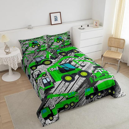 Excavator Down Comforter, Kids Boys Cartoon Car Comforter Set Full, Children Tractor Truck Duvet Sets Girls Construction Vehicle Bulldozer Bedding Set 3 Pieces with 2 Pillow Cases, Green Gray