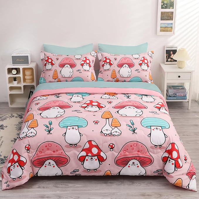 Wajade Kids Cute Mushroom Comforter Set Bed in A Bag Twin Size 7 Piece Pink Cartoon Mushroom Head Bedding Set for Girls (1 Comforter, 1 Flat Sheet, 1 Fitted Sheet, 2 Pillowcase and 2 Pillow Sham)