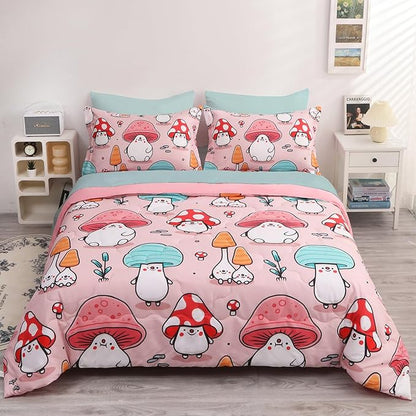 Wajade Kids Cute Mushroom Comforter Set Bed in A Bag Full Size 7 Piece Pink Cartoon Mushroom Head Bedding Set for Girls (1 Comforter, 1 Flat Sheet, 1 Fitted Sheet, 2 Pillowcase and 2 Pillow Sham)