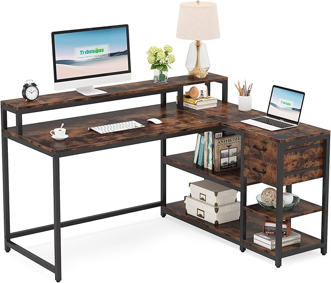 Reversible L-Shaped Computer Desk with hutch & Shelf,rustic