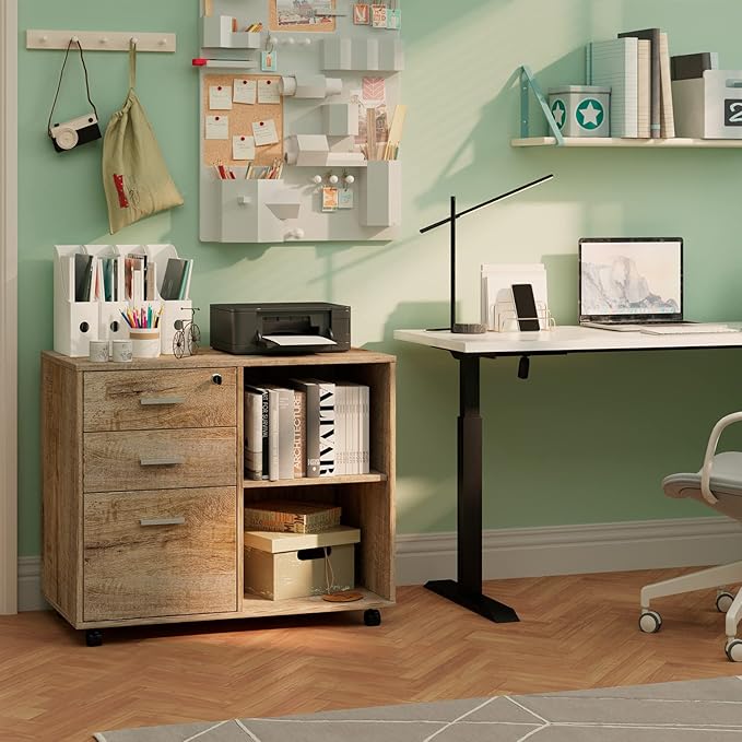 Maxtown Wood Filing Cabinet, Mobile Lateral Filing Cabinet with Lock, 3 Drawer Filing Cabinet with Open Storage Shelves, Printer Stand for Home Office, Walnut