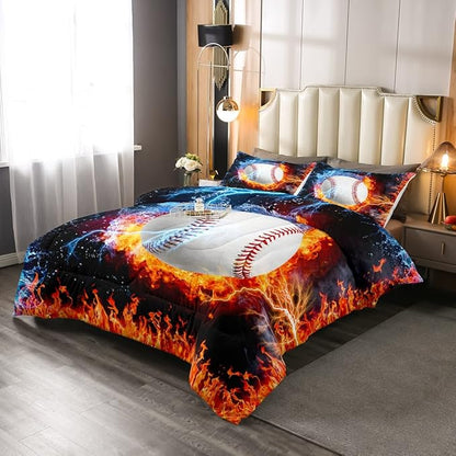 Baseball Comforter Set Queen Size Sports Theme Down Comforter Kids Teens Boys Fire and Ice Sports Baseball Quilted Duvet,Decoration 3 Pcs Bedding Comforters (1 Comforter Set +2 Pillowcases) Red Blue