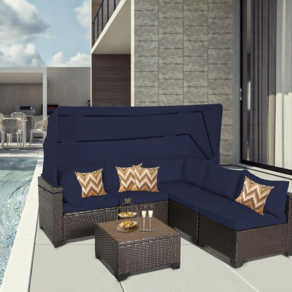 6 PCS Outdoor Patio Furniture Set,Sectional Sofa Set,Rattan Daybed with Retractable Canopy,Adjustable Backrest,Storage Coffee Table,Chaise Chair Sunbed for Garden Poolside Backyard(Navy Blue)
