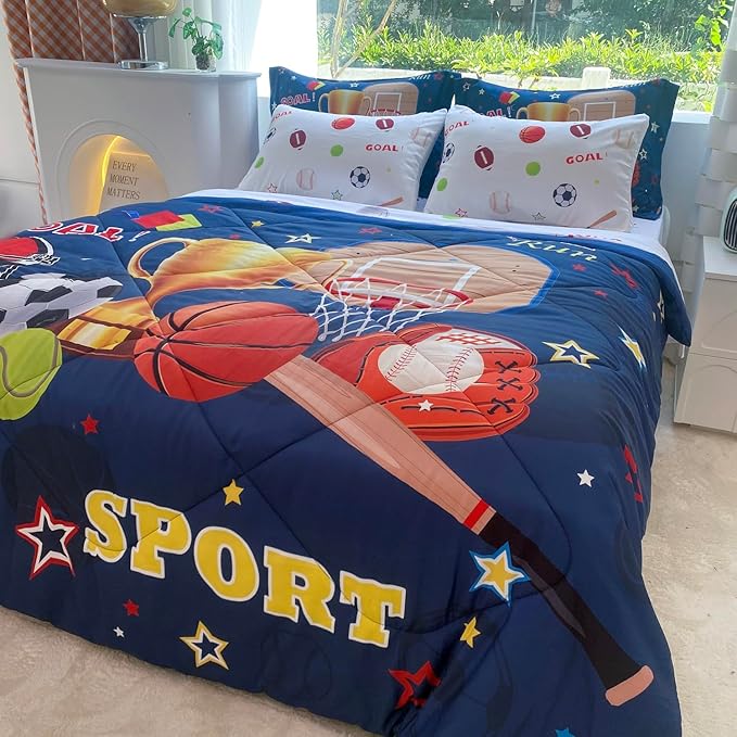 Sports Comforter Set Twin Size for Boys Kids Teens 7 Piece Basketball Baseball Bed in A Bag Soccer Football Trophies Bedding Set All Season Lightweight