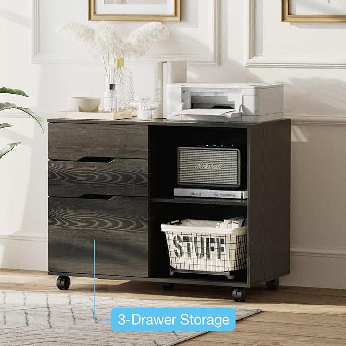 OLIXIS 3 Drawer File Cabinet Lateral Printer Stand with Adjustable Storage Shelves for Home Office Small Space, Black