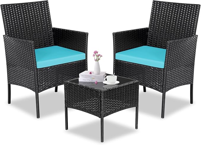 Patio Furniture Set 3 Pieces All-Weather Rattan Outdoor Furniture Patio Chairs with Tempered Glass Table for Porch Bistro Balcony Bistro Set(Black/Blue)