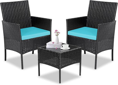 Patio Furniture Set 3 Pieces All-Weather Rattan Outdoor Furniture Patio Chairs with Tempered Glass Table for Porch Bistro Balcony Bistro Set(Black/Blue)