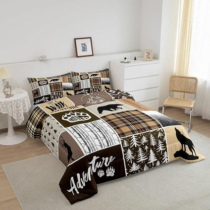 Rustic Farmhouse Kids Comforter Set Twin Size,Deer Antlers Bear Paws Plaids Patchwork Bedding Set for Boys Girls Adults Room Decor,Pine Trees Xmas Down Comforter,Brown Duvet Insert,1 Pillowcase