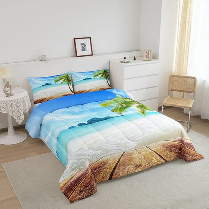 Beach Comforter Set Full Size Ocean Bedding Set Tropical Palm Tree Hawaii Ocean Duvet Set Sunny Beach Coastal Nature Theme Duvet Set Sea Wave Mountain Brown Wooden Comforter Set 2 Pillowcases, Blue