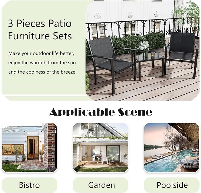 Greesum 3 Pieces Patio Furniture Set Outdoor Conversation Textilene Fabric Chairs for Lawn, Garden, Balcony, Poolside with A Glass Coffee Table, Black