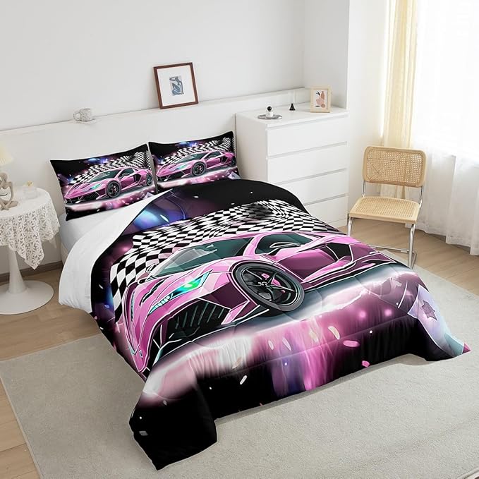 Pink Race Car Bedding Set Queen Size,Racing Flag Black White Lattice Duvet Cover with 2 Pillowcases,Extreme Sport Game Comforter Cover for Kids Youths Boys Girls Room Decor,Modern Quilt Cover