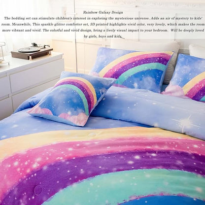 Sky Blue Teen Rainbow Comforter Set Queen Size for Girls, 6 Pieces Galaxy Gradient Bed in A Bag, 3D Galaxy Kids Bedding Comforter Sets with Comforter, Sheets and Pillowcases