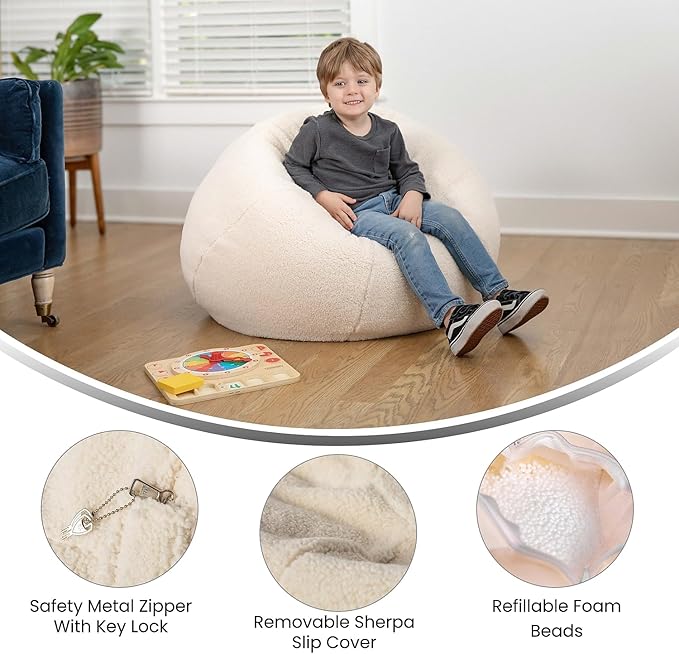 Flash Furniture Dillon Sherpa Bean Bag Chair, Classic Refillable Bean Bag Chair for Kids and Teens, Small, Natural