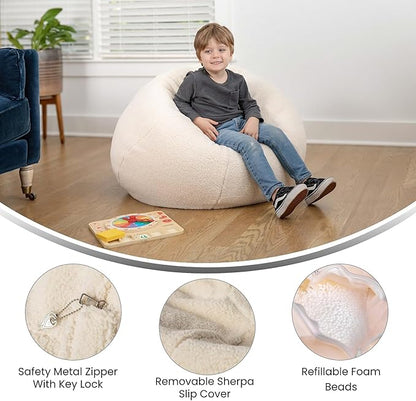 Flash Furniture Dillon Sherpa Bean Bag Chair, Classic Refillable Bean Bag Chair for Kids and Teens, Small, Natural