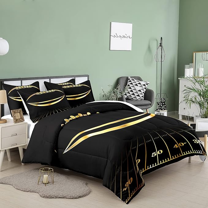 Bodhi Black and Gold Football Comforter Set Full for Boys Kids Sport Comforter Football Bedding Set American Football Comforter with Pillowcase,Soft Football Quilt,Full Size