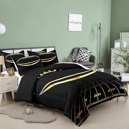Bodhi Black and Gold Football Comforter Set Full for Boys Kids Sport Comforter Football Bedding Set American Football Comforter with Pillowcase,Soft Football Quilt,Full Size