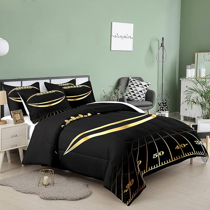 Bodhi Black and Gold Football Comforter Set Queen for Boys Kids Sport Comforter Football Bedding Set American Football Comforter with Pillowcase,Soft Football Quilt,Queen Size