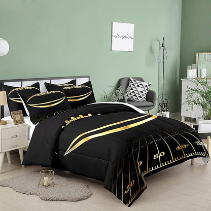 Bodhi Black and Gold Football Comforter Set Queen for Boys Kids Sport Comforter Football Bedding Set American Football Comforter with Pillowcase,Soft Football Quilt,Queen Size
