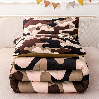 Meeting Story Camouflage Bedding Set, Colorful Pattern Style Queen Comforter Set, 3 PCS One Comforter and Two Pillowcases in One Bag, All Season Bedspread for Kids Teens Adults (Coffee, Twin)
