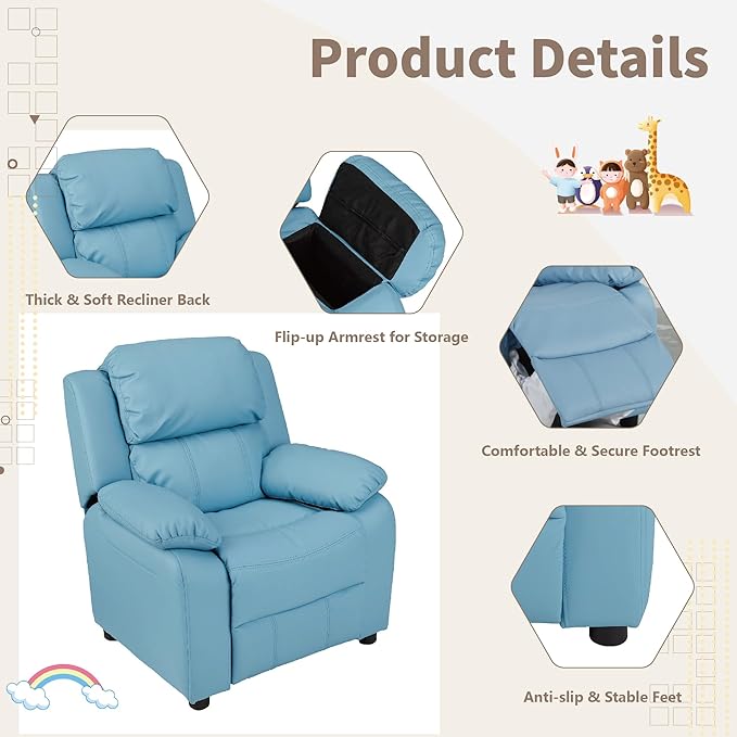 JC Home MACARON Kids Chair Leather Recliner Sofa Toddler Youth Children Child Ages 3-7, Small, Babyblue