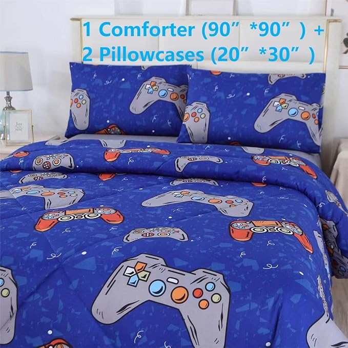 3PCS Blue Gamer Queen Comforter Set for Boys Girls Teens and Kids, Microfiber Lightweight Comforter Queen, Bed in a Bag Cute Bedding, Queen