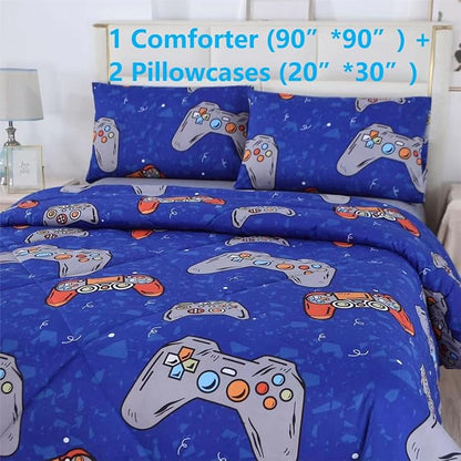 3PCS Blue Gamer Queen Comforter Set for Boys Girls Teens and Kids, Microfiber Lightweight Comforter Queen, Bed in a Bag Cute Bedding, Queen