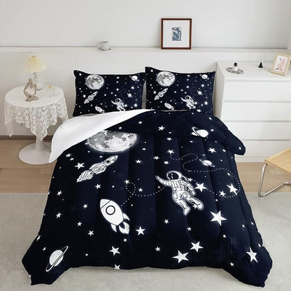 Datura home Kids Comforter Set Astronaut Space Rocket Printed Pattern Quilt Bedding Set with 1 Comforter and 2 Pillowcases for Girls Bedroom All Season(Space Rocket Queen), Queen 90x90inches