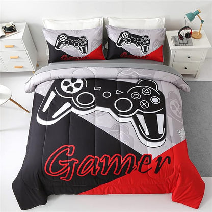 KAKKI 5 Piece Boys Queen Gamer Comforter Set with Sheets, 3D Colorful Video Game Controller Comforter for Kids Teen, All Season Soft Microfiber Gaming Bedding Set(Red,Queen)
