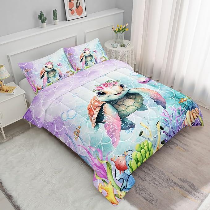 Datura home Kids Comforter Set Mermaid Scale Turtle Printed Pattern Bedding Set with 1 Comforter and 2 Pillowcases for Girls Boys Bedroom All Season(Turtle Twin)
