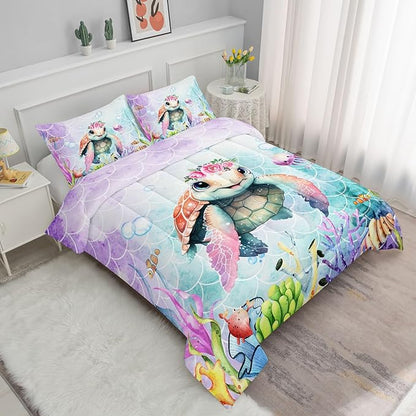 Datura home Kids Comforter Set Mermaid Scale Turtle Printed Pattern Bedding Set with 1 Comforter and 2 Pillowcases for Girls Boys Bedroom All Season(Turtle Twin)