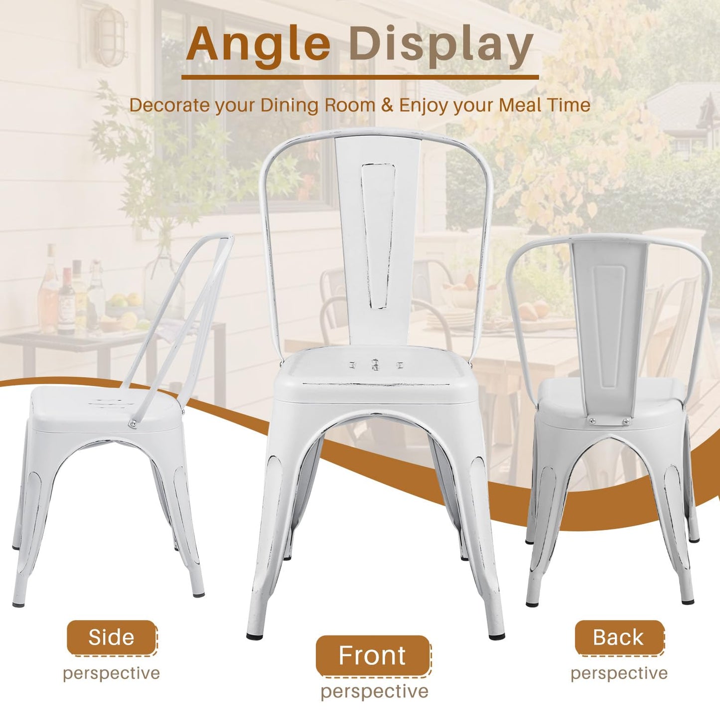 Furmax Metal Dining Chair Indoor Outdoor Use Stackable Chic Side Classic Trattoria Metal Chairs Set of 4 for Kitchen, Dining Room, Bistro and Cafe (Distressed White)