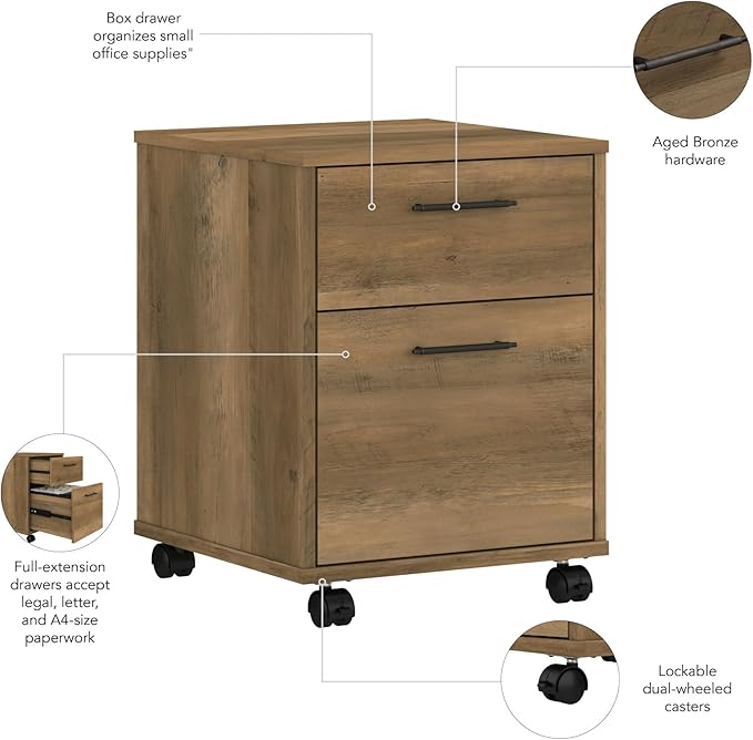 Bush Furniture Key West 2 Drawer Rolling File Cabinet in Reclaimed Pine Mobile Organization for Home Office Small Under Desk Storage on Wheels