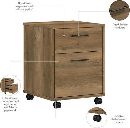 Bush Furniture Key West 2 Drawer Rolling File Cabinet in Reclaimed Pine Mobile Organization for Home Office Small Under Desk Storage on Wheels
