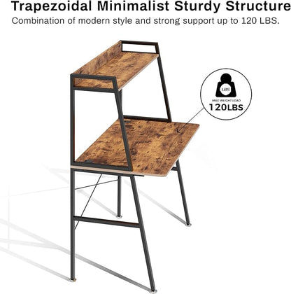 DESIGNA Small Computer Ladder Desk with Storage Shelves, 43 Inch 2-Tier Home Office Students Study Writing PC Gaming Table with Bookshelf Modern Workstation for Space Saving, Metal Frame, Rustic Brown