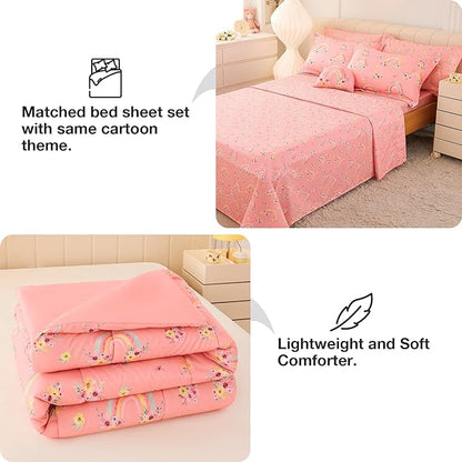Mooreeke Twin Size Comforter Sets for Girls Kids, 6 Pieces Bed in a Bag Pink Rainbow Flowers Bedding Comforter Sheet Set with Shams and Decorative Toy Pillow, Ultral Soft Microfiber Kids Bed Set