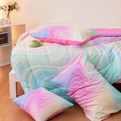 4 Pcs Pink Twin Comforter Set for Girls, Tie Dye Superior Kids Teen Bedding Sets, Blue Pink Rainbow Twin Size Bedding Set for Girls